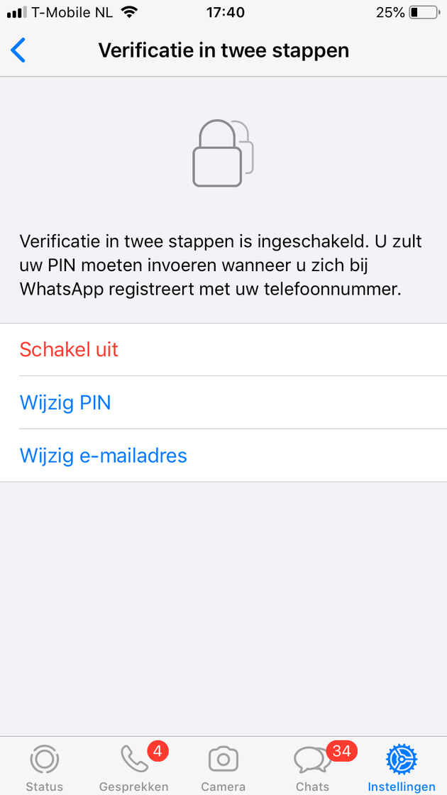 printscreen mobiele telefoon verificatie in twee stappen schakel uit wijzig pin wijzig emailadres